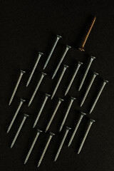 Many silver screws and one golden screw on a dark background. - 761707556