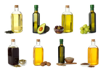 Vegetable fats. Different cooking oils and ingredients isolated on white, set