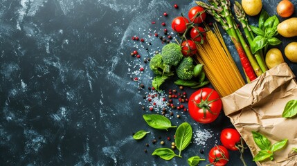 Food ingredients in paper bags containing vegetables and pasta on a dark background.