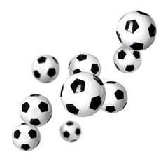 Many soccer balls falling on white background