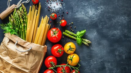 Food ingredients in paper bags containing vegetables and pasta on a dark background. - obrazy, fototapety, plakaty