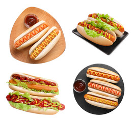 Tasty hot dogs with ketchup and mustard isolated on white, set