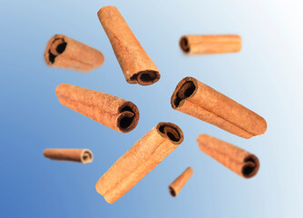 Aromatic dry cinnamon sticks on blue background