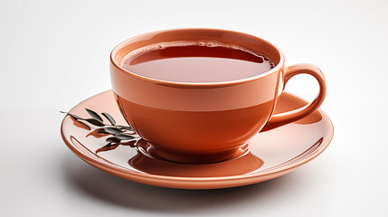 cup of fruit tea. Tea in antique porcelain cup isolated on white background. Porcelain cup and saucer with delicate relief structures