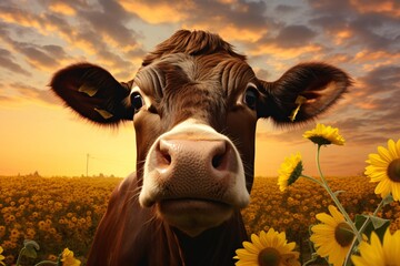 a cow in a field of flowers - obrazy, fototapety, plakaty