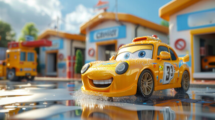 A cartoon character of a car in the car wash. 3d illustration