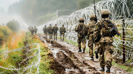 A line of camouflaged soldiers marching through a muddy terrain beside barbed wire fences amidst a forest landscape.