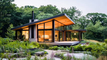 Modern luxury house with large windows surrounded by lush greenery in a peaceful evening setting.