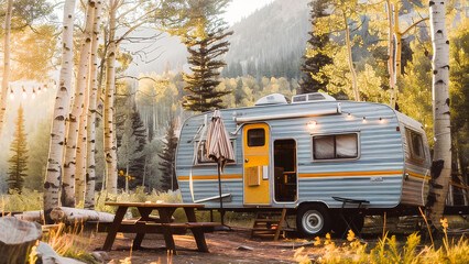 A cozy camper trailer nestled among birch trees in a forest at sunset, with warm string lights and a serene setting.
