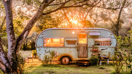Vintage caravan parked in a serene forest setting, bathed in golden sunlight filtering through the trees at sunset. - Powered by Adobe