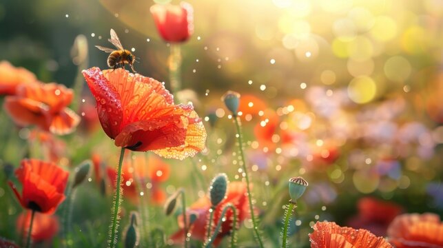 close-up photo of glowing red poppy fields in the morning covered in dew with honeybees perched on flower petals.