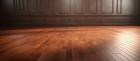 An empty room with a hardwood floor stained in a rich amber brown, contrasting against the dark wall. The laminate flooring adds a touch of elegance to the space - obrazy, fototapety, plakaty