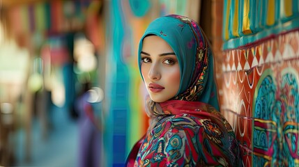 Fototapeta premium cultural diversity with our portrait of a Muslim woman in a stylish hijab against a trendy background. Embrace empowerment