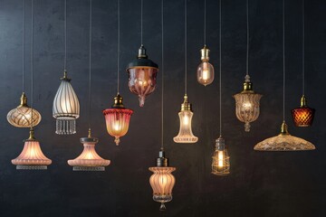 Obraz premium Hanging lamp collection for the beautiful home interior on black background . Generative AI