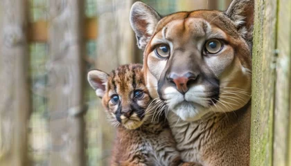 Gordijnen Male puma and cub portrait with spacious area on the left for customizable text placement © Ilja
