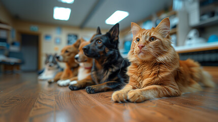 Group of Dogs and Cat Laying on the Floor