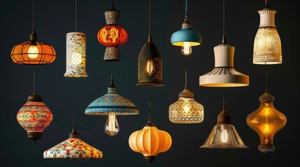 Obraz premium Hanging lamp collection for the beautiful home interior on black background . Generative AI
