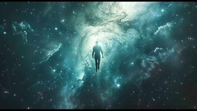 Human Figure Floating In Vast Empty Cosmos, Surrounded By Stars And Galaxies