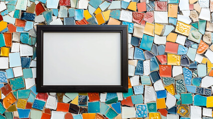 An empty frame mockup suspended on a wall covered in a mosaic of colorful ceramic tiles