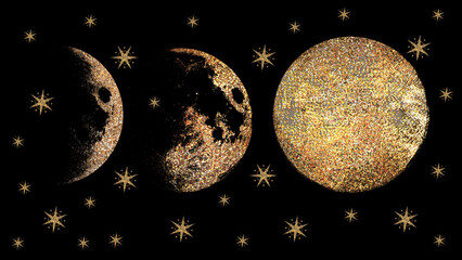 three phases of the moon shiny moon and stars on a black background - obrazy, fototapety, plakaty