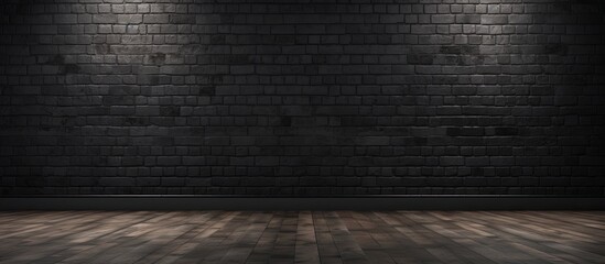 An empty room with a grey brick wall and brown wooden flooring, resembling asphalt road surface. Automotive tire marks etched on the floor - obrazy, fototapety, plakaty