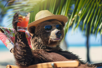 funny bear sitting on a lounger with a cocktail at a tropical beach