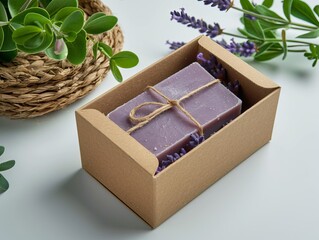 Soap wrap box mock-up package with bar lavender soap on white background