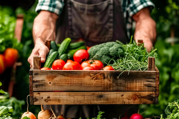 Man holding wooden crate filled with lots of different types of vegetables.