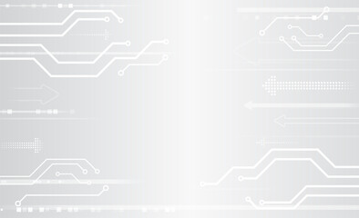 Hi-tech grey background with various technology elements. Vector illustration of circuit board and hexagons. Abstract futuristic communication.