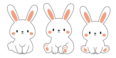Cute little Easter bunny outline sketch collection in different poses. Cartoon rabbit character for kids cards, baby shower, invitation, poster. Vector stock illustration