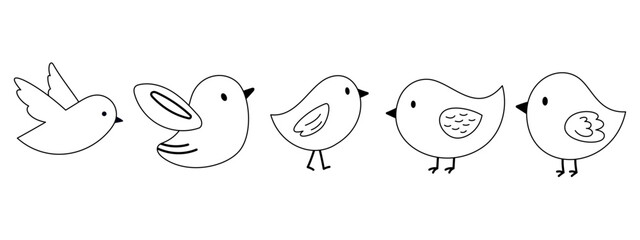 Set of spring birds outline sketch. Charming doodle line art characters for kids cards, baby shower, invitation, poster. Vector stock illustration