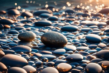 stones, Zoom in on a single pebble, its intricate textures and patterns brought to life in stunning detail by Generative AI - obrazy, fototapety, plakaty