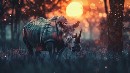 Illustration of a rhino on a dark sunset background, dark forest panorama. AI generated - obrazy, fototapety, plakaty