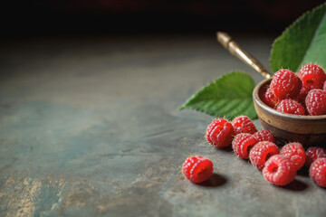 Juicy, ripe raspberry berries. Fresh raspberries on a dark background. Copy space. Close-up....