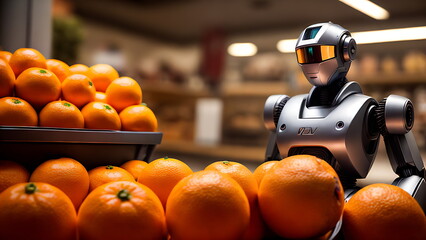 Robot counts oranges on a shelf in a store - obrazy, fototapety, plakaty