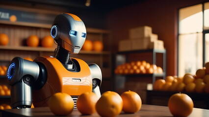 Robot counts oranges in a store - obrazy, fototapety, plakaty