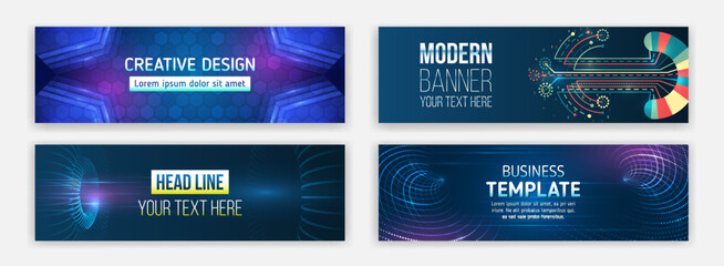 Modern banner design with technology element. Data protection, internet communication, science, big data, cover design set. Sci-fi vector sample concept. High-tech horizontal banner template. - obrazy, fototapety, plakaty