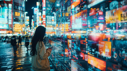 A woman is looking at her phone in a city with many neon signs. Concept of modernity and urban life