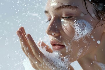 Close-up of a woman's face with soap suds, catching water droplets - obrazy, fototapety, plakaty