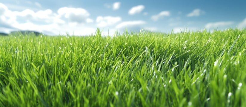 low fresh grass blue sky background with clouds