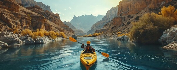 High angle view of unrecognizable people kayaking on blue narrow river flowing between rocky mountains during vacation at daytime - obrazy, fototapety, plakaty