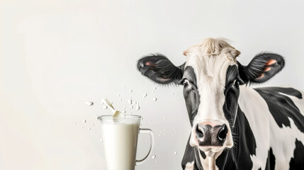Funny cow with splashing milk glass on light background