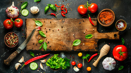 Fresh vegetables and herbs on a board. Selective focus. - obrazy, fototapety, plakaty
