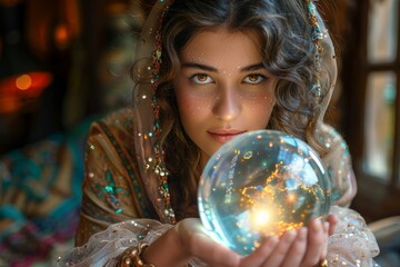 Fototapeta premium A woman in ornate attire gazes into a glowing crystal ball, evoking a sense of mystery and enchantment