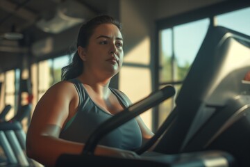 plump woman wearing athletic clothing at a gym using a treadmill - obrazy, fototapety, plakaty
