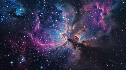Astrophoto captures the ethereal beauty of a cosmic nebula with bright stars spread out in an unfathomable black space - obrazy, fototapety, plakaty