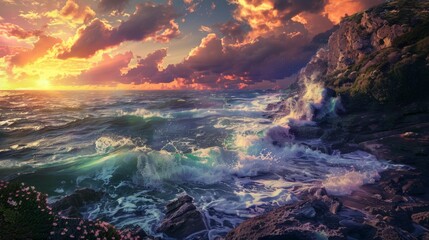 Breathtaking Seaside Sunset with Waves AI Generated.