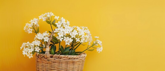 Wooden basket with flowering summer field daisies and violet wildflowers isolated on yellow background. AI generated illustration