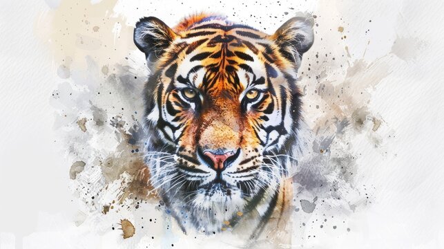 Tiger watercolor illustration isolated on white background .hand painted. Paint strokes. Ink drop.