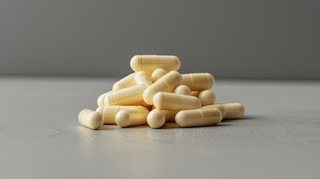 Boost your bone health with our flat lay image featuring a pile of calcium supplement pills on a gray background. Take care of yourself